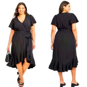 NWT Ava & Viv Flutter Sleeve Midi Black Wrap Dress Size XXL